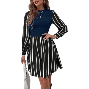 image:imageFloerns Womens Striped Bishop Sleeve A Line Dress Crewneck Elegant Short DressesDark Blue
