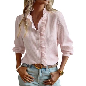 image:imageFloerns Womens Striped Button Down Long Sleeve Shirts Ruffle Trim Work Dressy Casual Blouse TopsDusty Pink