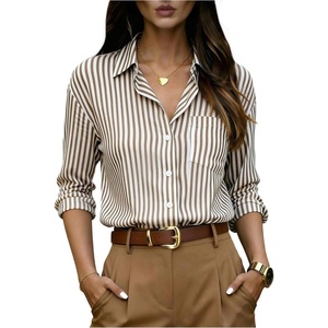 image:imageFloerns Womens Striped Button Down Shirts Long Sleeve Collared Business Casual Work BlousesBrown