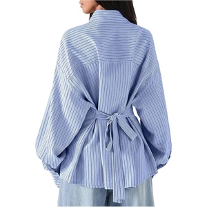 image:imageFloerns Womens Striped Button Down Shirts Long Sleeve Tie Back Oversized Business Casual Blouse TopsBlue