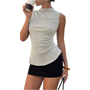 image:imageFloerns Womens Striped Cinched Waist Tank Tops Mock Neck Work TopsBlack and White