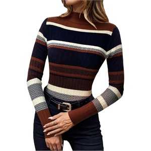 image:imageFloerns Womens Striped Fall Sweaters Color Block Mock Neck Long Sleeve Knit Old Money Pullover JumperBlack Multi