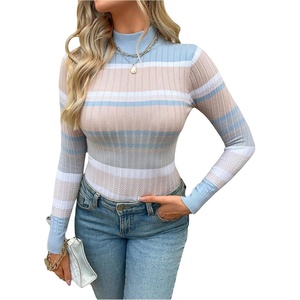 image:imageFloerns Womens Striped Fall Sweaters Color Block Mock Neck Long Sleeve Knit Old Money Pullover JumperBlue