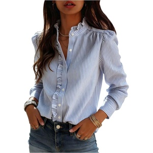 image:imageFloerns Womens Striped Frill Button Down Shirt Long Sleeve Business Casual Office Work BlousesLight Blue