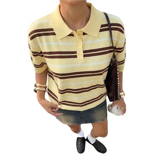 image:imageFloerns Womens Striped Golf Shirts Short Sleeve Collared Going Out Preppy Knit TopsButter Yellow