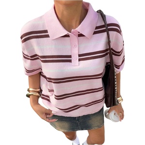 image:imageFloerns Womens Striped Golf Shirts Short Sleeve Collared Going Out Preppy Knit TopsPink