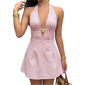 image:imageFloerns Womens Striped Halter Dress Tie Backless A Line Summer Mini DressPink