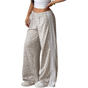 image:imageFloerns Womens Striped Leopard Print Wide Straight Leg Trousers PantsGrey