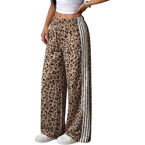 image:imageFloerns Womens Striped Leopard Print Wide Straight Leg Trousers PantsKhaki