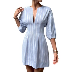 image:imageFloerns Womens Striped Notched V Neck Shirt Dress Summer Bishop Sleeve Business Casual DressesBlue
