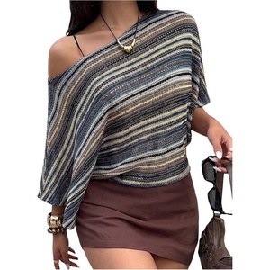 image:imageFloerns Womens Striped Off The Shoulder Tops Short Sleeve Beach Vacation Going Out TopDark Blue