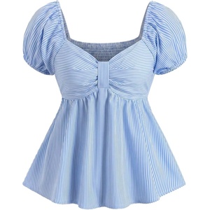 image:imageFloerns Womens Striped Peplum Tops Sweetheart Neck Puff Sleeve Ruffle Hem Smocked Summer BlousesBlue