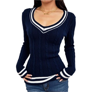 image:imageFloerns Womens Striped Preppy Sweaters V Neck Cable Knit Going Out Fall Pullover TopsDark Blue