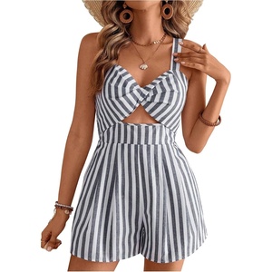 image:imageFloerns Womens Striped Print Jumpsuit Sleeveless Twist Front Cut Out Short RompersBlack and White