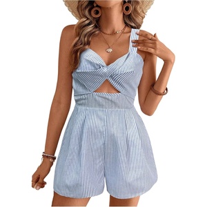 image:imageFloerns Womens Striped Print Jumpsuit Sleeveless Twist Front Cut Out Short RompersLight Blue