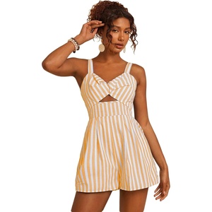 image:imageFloerns Womens Striped Print Jumpsuit Sleeveless Twist Front Cut Out Short RompersYellow