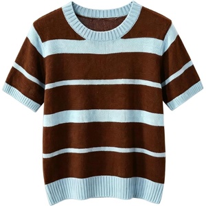 image:imageFloerns Womens Striped Short Sleeve Knit Top Crew Neck Casual SweatersMulticolor