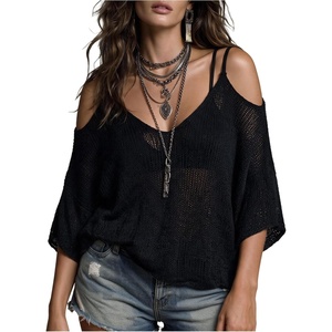 image:imageFloerns Womens Striped Sweater Cold Shoulder V Neck Knit Pullover TopBlack