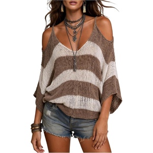 image:imageFloerns Womens Striped Sweater Cold Shoulder V Neck Knit Pullover TopBrown and Beige