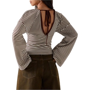 image:imageFloerns Womens Striped T Shirts Bell Sleeve Tie Back Fall Going Out TopBrown and White