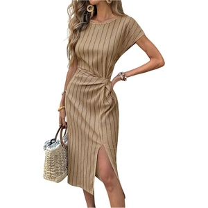 image:imageFloerns Womens Striped Twist Front Dolman Sleeve Split Midi DressesMocha Brown