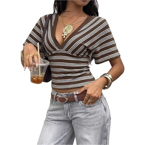 image:imageFloerns Womens Striped V Neck Cinched Waist Dolman Sleeve Going Out TopsBrown and Blue