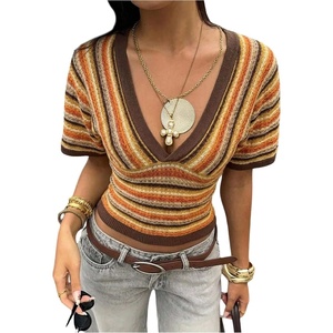 image:imageFloerns Womens Striped V Neck Cinched Waist Dolman Sleeve Going Out TopsBrown and Orange