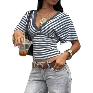 image:imageFloerns Womens Striped V Neck Cinched Waist Dolman Sleeve Going Out TopsGrey Multi