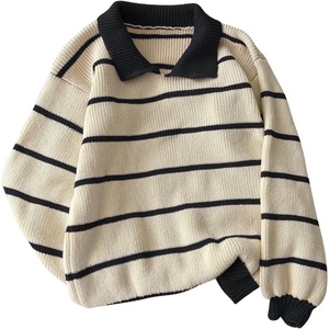 image:imageFloerns Womens Striped Vintage Preppy Oversized Collared Knit SweatersBlack and Khaki