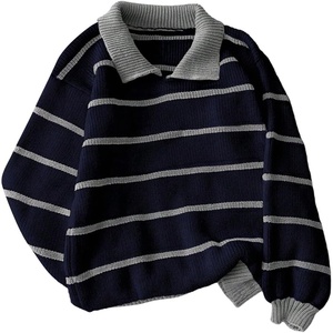image:imageFloerns Womens Striped Vintage Preppy Oversized Collared Knit SweatersBlue and Grey