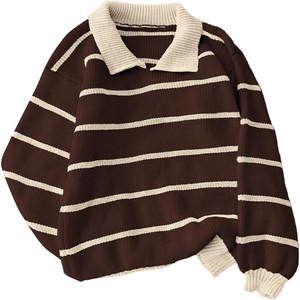 image:imageFloerns Womens Striped Vintage Preppy Oversized Collared Knit SweatersBrown