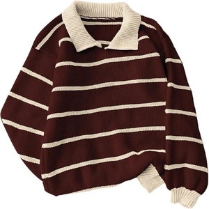 image:imageFloerns Womens Striped Vintage Preppy Oversized Collared Knit SweatersBrown and Beige