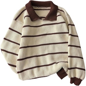 image:imageFloerns Womens Striped Vintage Preppy Oversized Collared Knit SweatersBrown and Khaki