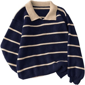 image:imageFloerns Womens Striped Vintage Preppy Oversized Collared Knit SweatersDark Blue Multi