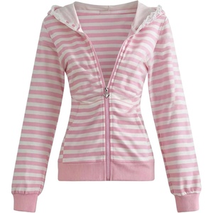image:imageFloerns Womens Striped Zip Up Hoodie Lace Trim Y2k Lightweight JacketPink