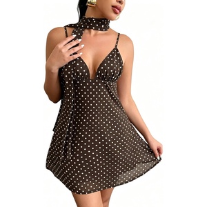 image:imageFloerns Womens Summer Mini Dress Polka Dots Spaghetti Strap V Neck Date Night Cami Dresses with ScarfBrown