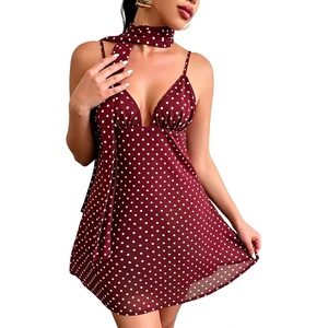 image:imageFloerns Womens Summer Mini Dress Polka Dots Spaghetti Strap V Neck Date Night Cami Dresses with ScarfBurgundy