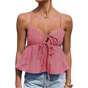image:imageFloerns Womens Summer Striped Sleeveless Camisole Ruffle Peplum TopsRed
