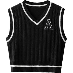 image:imageFloerns Womens V Neck Letter Striped Trim Sleeveless Sweater Vest Knit TopBlack