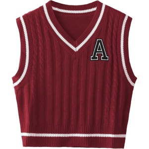 image:imageFloerns Womens V Neck Letter Striped Trim Sleeveless Sweater Vest Knit TopBurgundy