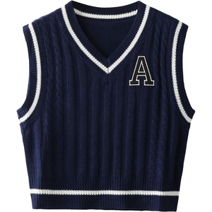 image:imageFloerns Womens V Neck Letter Striped Trim Sleeveless Sweater Vest Knit TopNavy Blue