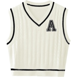 image:imageFloerns Womens V Neck Letter Striped Trim Sleeveless Sweater Vest Knit TopWhite