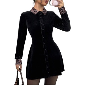 image:imageFloerns Womens Velvet Leopard Long Sleeve Button Down A Line Short DressBlack