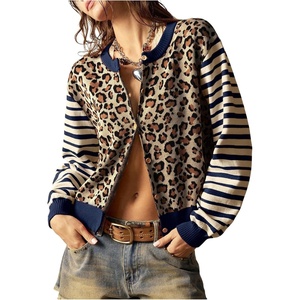 image:imageFloerns Womens Y2K Leopard Knit Cardigan Striped Long Sleeve Button Down Spring Casual SweatersBrown Multi