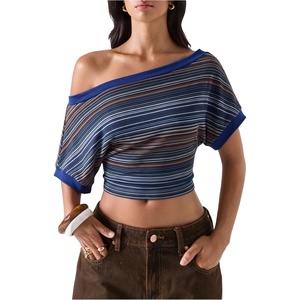 image:imageFloerns Womens Y2K Off The Shoulder Striped T Shirts Going Out TopsBlue