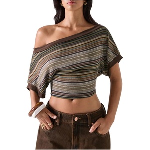 image:imageFloerns Womens Y2K Off The Shoulder Striped T Shirts Going Out TopsBrown Multi