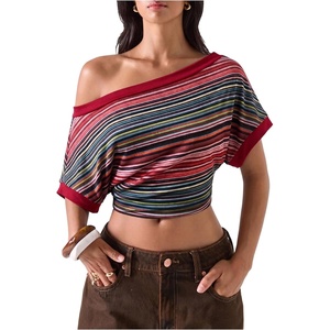 image:imageFloerns Womens Y2K Off The Shoulder Striped T Shirts Going Out TopsRed