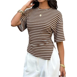 image:imageFloerns Womens Y2k Asymmetrical Tops Ruched Summer Going Out Short Sleeve T ShirtsBrown Striped