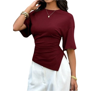 image:imageFloerns Womens Y2k Asymmetrical Tops Ruched Summer Going Out Short Sleeve T ShirtsBurgundy