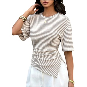 image:imageFloerns Womens Y2k Asymmetrical Tops Ruched Summer Going Out Short Sleeve T ShirtsKhaki Striped